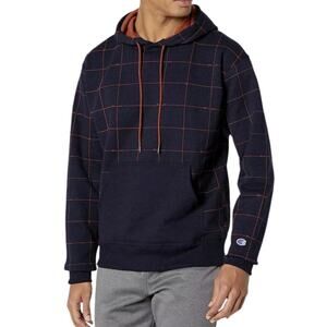 CHAMPION Powerblend All Over Logo Pullover Hoodie Sweatshirt in Navy SZ L